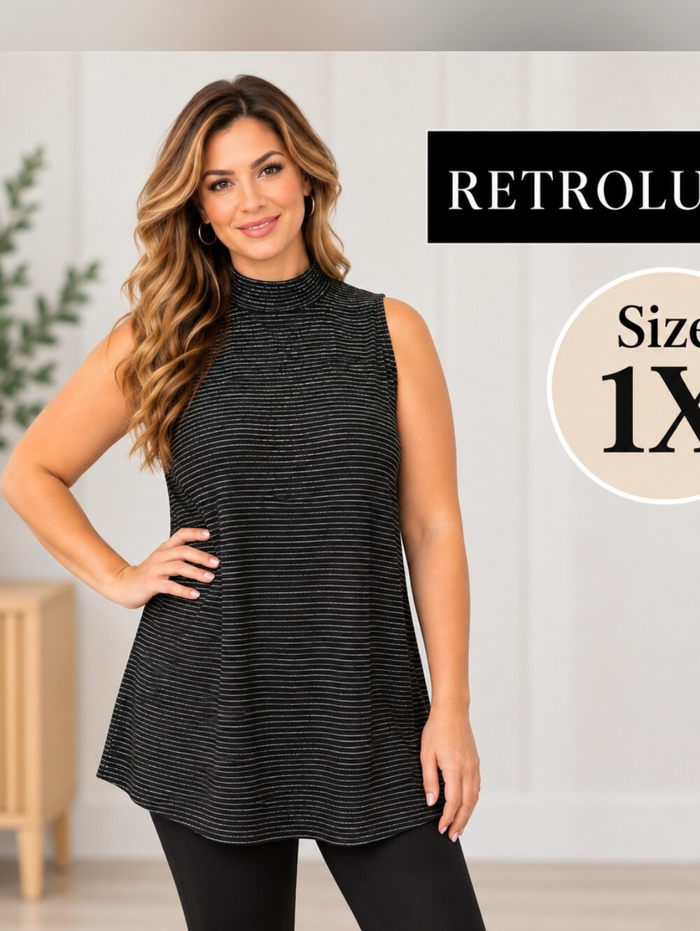RETROLUXE Black Silver Stripe Mock Neck Sleeveless Top Size 1X